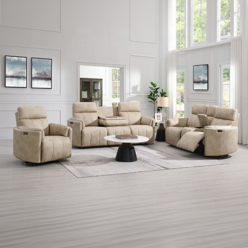 Picture of Dark Beige Polish Microfiber Power Motion Sofa, Loveseat and Recliner w/Swivel
