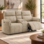 Picture of Dark Beige Polish Microfiber Power Motion Loveseat w/Console & Storage