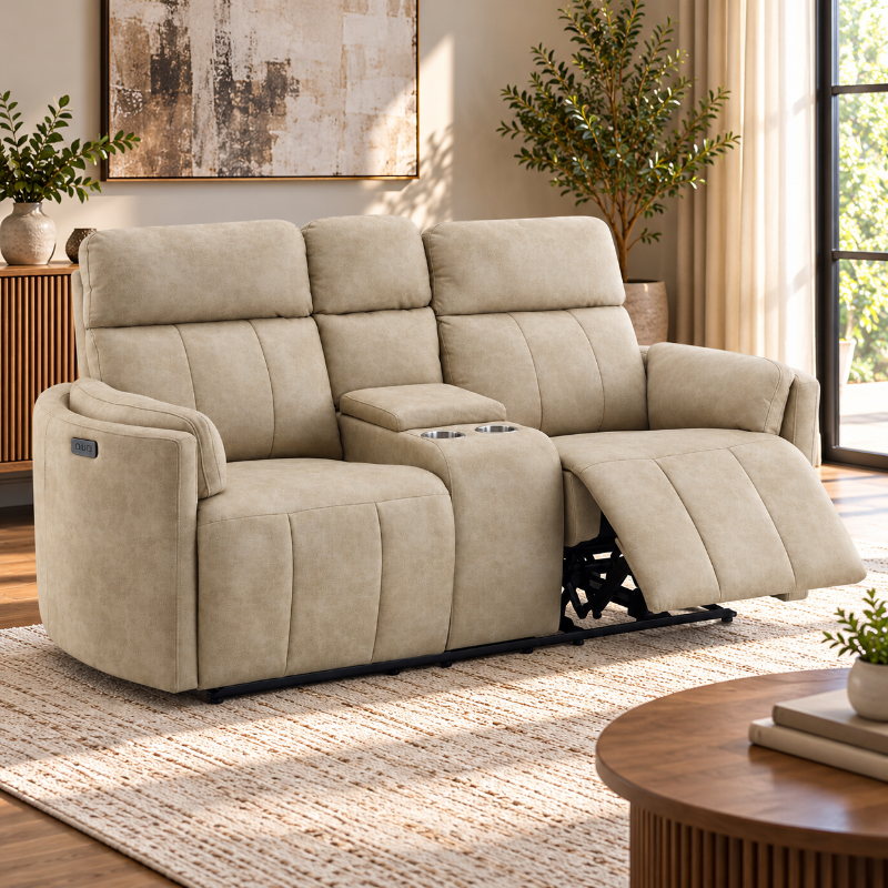 Picture of Dark Beige Polish Microfiber Power Motion Loveseat w/Console & Storage